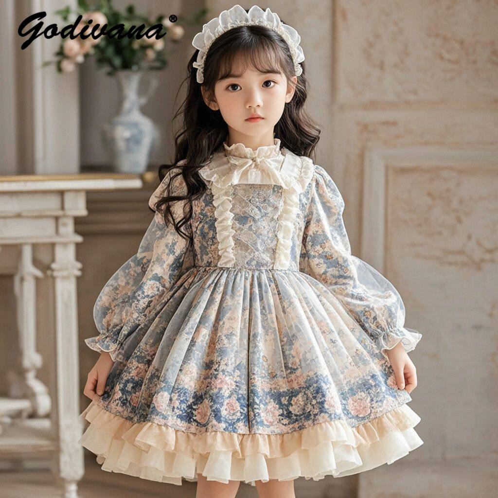 Baby Clothing Dresser - ชุดเดรสเจ้าหญิงโลลิต้าสำหรับเด็กผู้หญิง ลายดอกไม้ แขนยาวพอง แต่งลูกไม้ สำหรับงานวันเกิด ฤดูใบไม้ผลิและฤดูใบไม้ร่วง